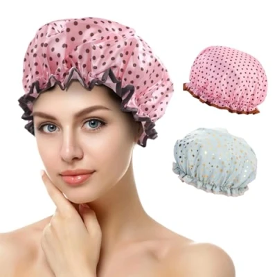 Abbildung von Duschhaube, 2 Stück Wasserdichte Duschhauben, Shower Cap, Duschhaube für Damen, Haarhaube Die Nacht, mit Elastischem Band, Wiederverwendbare Dusche Kappen Mädchen Frauen (F)