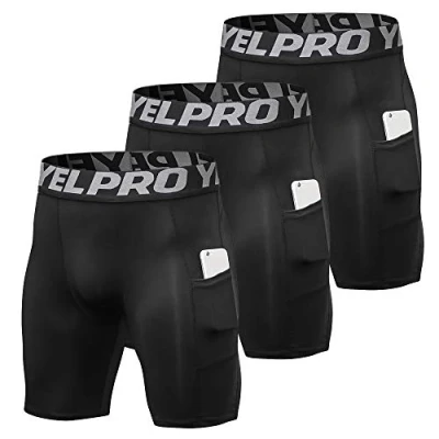 Abbildung von Lixada Elastische Herren Shorts, Hose, Performance Sport, Baselayer, kühl, trocken, Strumpfhose, Active Workout Unterwäsche, Schwarz (mit Taschen), XL