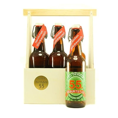 Abbildung von Bier Geschenk 6 er Holz Träger mit Fl. 55. Geburtstag