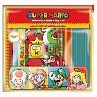 Abbildung von Super Mario Schreibwaren Set (Colour Block Design), Geschenk Schreibset mit Notizbuch, Mäppchen, Stiften, Lineal, Anspitzer offizielles Merchandise