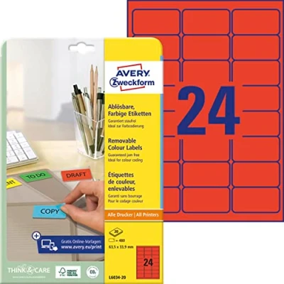 Abbildung von AVERY Zweckform L6034 20 Rote Etiketten (480 Aufkleber, 63,5x33,9mm auf A4, wieder rückstandsfrei ablösbar, selbstklebende Farbetiketten, Papier matt, bedruckbare, farbige Klebeetiketten) Blatt