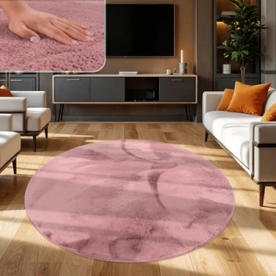 Abbildung von TT Home Wohnzimmer Teppich Hochflor Langflor Kunstfell Weich Modern Unifarben Flauschig, Farbe:Rosa Mauve, Größe:100 cm Rund