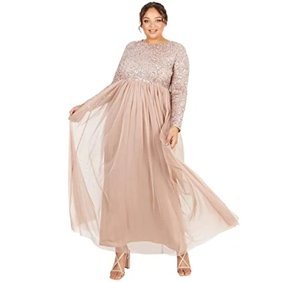 Abbildung von Maya Deluxe Damen Maxikleid mit Beerenverzierung, langärmelig, Taupe Blush, 52