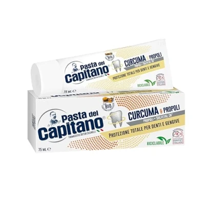 Abbildung von Pasta del Capitano, Bio Zahncreme mit Kurkuma und Propolis, Gewährleistet umfassende Mundhygiene, Vollständiger Schutz für Zähne Zahnfleisch, 100% Made in Italy, 75 ml Tube