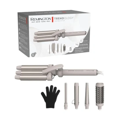Abbildung von Remington Lockenstab 5in1 [Welleneisen, Rundbürste, 3 Lockenaufsätze 13 25mm] Trendology (LED display 130C 210C, Beach Waves, Spirallocken &amp; Natürliche Locken für alle Haartypen) CI41MS5E51