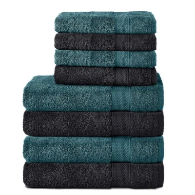 Abbildung von Komfortec 8er Handtuch Set aus 100% Baumwolle, 4 Badetücher 70x140 und Handtücher 50x100 cm, Frottee, Weich, Towel, Groß, Schwarz/Petrol