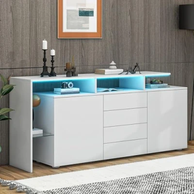 Abbildung von Merax Sideboard Beistellschrank mit LED Leuchten, Hochglanz weiße Kommode 2 Tür &amp; 4 Schubladen, Moderne Buffetschrank viel Stauraum, für Wohnzimmer, Esszimmer, Eingangsbereich, 160x35x70cm