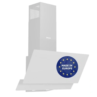 Abbildung von Wiggo A642 Dunstabzugshaube 60cm kopffrei I Abluft Umluft Dunstabzug 626m3/h Touch Display 4 Stufen Energieeffizienzklasse A Schräghaube inkl. 2x Kohlefilter Abzugshaube Glasfront weiß