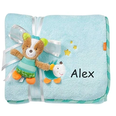 Abbildung von Fehn Fuchs Schmusedecke mit Namen personalisiert (bestickt), Kuscheldecke, als Krabbelunterlage, Schnuffeltuch oder Zudecke, 100x75 cm, Junge &amp; Mädchen