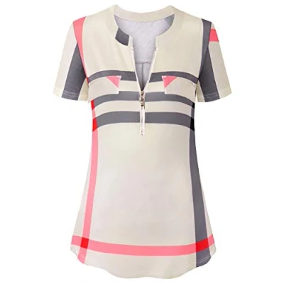 Abbildung von Amrto Damen V Ausschnitt Shirt Kurzarm T Casual Bluse mit Reißverschluss Tunika Tops, Khaki Plaid XL