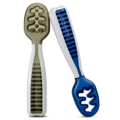 Abbildung von NumNum Baby Spoons Set, Essentials Pre Spoon GOOtensils for 6+ Months, First Stage Self Feeding Led Weaning (BLW), Silicone Toddler Utensils, BPA Free, 2 Pack Olive/Newbury Navy
