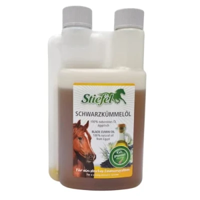 Abbildung von Stiefel Schwarzkümmelöl für Pferde, 100% naturreines Öl, kaltgepresst, zur Unterstützung Haut, Fell, Atemwege, Immunsystem &amp; Verdauung, Dosierflasche, 250 ml