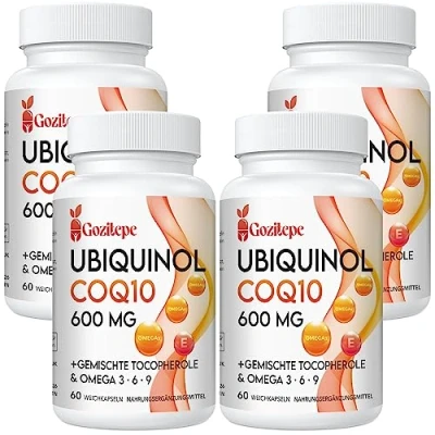 Abbildung von Ubiquinol CoQ10 600 mg Weichkapseln mit Omega 3, 6, 9 und Vitamin E, 30 Portionen Coenzym Q10 (aktive Form) Ergänzung, Höhere Absorption (60 stück (4er Pack))