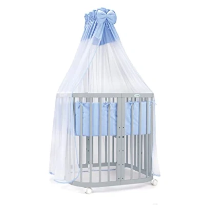 Abbildung von Waldin Babybett aus Holz 7in1 mit Matratze, mitwachsendes Kinder Bett, belüftet, Boden 5 Fach verstellbar, All Inclusive Set Grau Stoffe blau