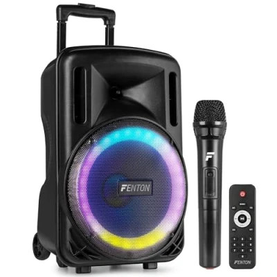 Abbildung von Fenton FT10LED MK2, Party Box Bluetooth 450 Watt, Musikbox Groß mit 10&quot; Subwoofer, Mikrofon, LED Licht, Akku &amp; Netzbetrieb, AUX/Gitarren Eingang, USB Media Player, Stereo Pairing, Partybox