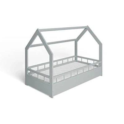 Abbildung von ms factory Hausbett Kinderbett 80x160 cm mit Rausfallschutz und Lattenrost Einzelbett aus Kiefernholz für Mädchen Junge Grau