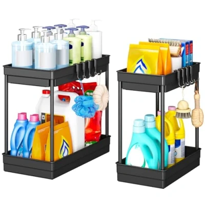 Abbildung von StowBin Küchen Organizer 2 Pack Unter Waschbecken Regal mit 4 Haken &amp;1 Tassen, Küche, Badezimmer