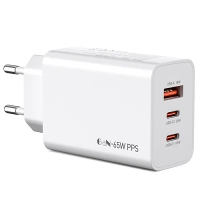 Abbildung von USB C Ladegerät 65W 3 Port Netzteil GaN【2USB C+1USB A】 Schnellladegerät PD Charger kompatibel mit MacBook Pro/Air/iPad Pro/Air/iPhone 16/15/14/13 Pro/Pro Max/Samsung Galaxy S22/S23/S24