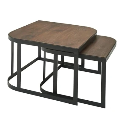 Abbildung von FineBuy Couchtisch 2er Set Mango Massivholz/Metall Wohnzimmertisch Braun, Industrial Satztisch Beistelltisch Metallbeine Schwarz, Tischset 2 teilig Holz