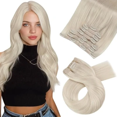 Abbildung von Moresoo Clip in Extensions Echthaar Blond Remy Platinblond Doppelt Tressen Haarverlängerung Voller Kopf 7pcs 120g 40 cm