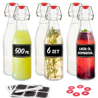 Abbildung von Praknu Trinkflasche 6x Leere Glasflaschen zum Befüllen 500ml Glas mit Bügelverschluss, Öl Flasche, Flaschen Aufbewahrung, Likörflaschen, Bügelflasche Set