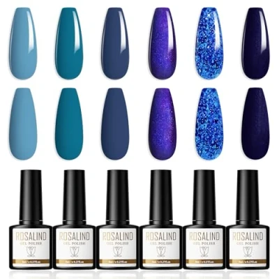 Abbildung von ROSALIND UV Gel Nagellack Dunkelblau Glitzer Hellblau Shellac 6 Farben Lack Gellack UV/LED Soak Off Nail Polish Geeignet für Heimnagel DIY, Nagelstudio, 8ml