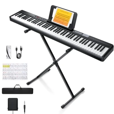 Abbildung von Donner Piano Keyboard 88 Tasten, Einsteiger Digital anschlagdynamische tragbares E mit Ständer, Sustain Pedal, Tragetasche und Tastaturaufkleber, DEP 1