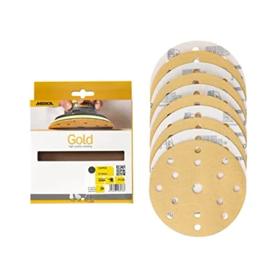 Abbildung von Mirka Gold Universal Schleifpapier Ø 150mm Schleifscheiben Klett 15 Loch, Korn P120, 10 Stk / Zum Schleifen von Gips, Spachtel, Spanplatten, Holz, Lack
