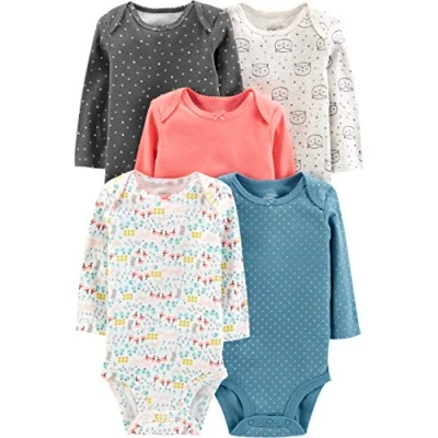 Abbildung von Simple Joys by Carter&#039;s Unisex Baby 5 Pack Long Sleeve Bodysuit Body, Eule/Floral/Herzen/Punkte, Frühchen (5er Pack)