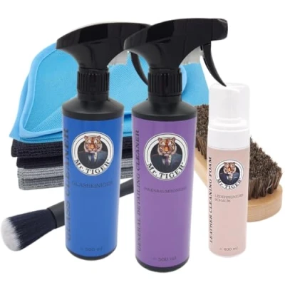 Abbildung von Mr. TIGER Innenraumreiniger Plus Set Auto Pflegeset Innenraumreinigungsset + Glasreiniger Lederreiniger Reinigungsbürste Pinsel 3x Mikrofasertücher (8 teilig)