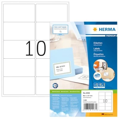 Abbildung von HERMA 4268 Universal Etiketten, 100 Blatt, 99,1 x 57 mm, 10 pro A4 Bogen, 1000 Stück, selbstklebend, bedruckbar, matt, blanko Papier Klebeetiketten Aufkleber, weiß