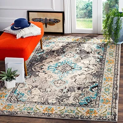 Abbildung von SAFAVIEH Boho Teppich für Wohnzimmer, Esszimmer, Schlafzimmer Monaco Collection, Kurzer Flor, Grau und Hellblau, 122 X 170 cm
