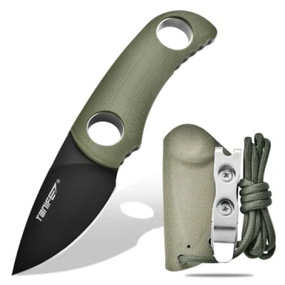 Abbildung von TONIFE Runer Feststehendes Neck Knife mit Scheide und Lanyard 4,7cm Full Tang Klinge EDC Messer für Outdoor (Grün+Schwarz Titan)