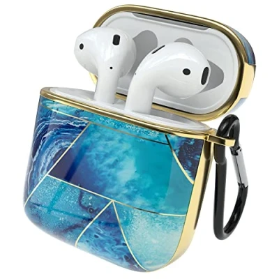 Abbildung von EAZY Case Schutzhülle für AirPods 1 &amp; 2 Hülle Blau Hard Stoßfest mit Karabiner geeignet als Schlüsselanhänger Antikratz Etui rutschfest Hardcase Airpod 2. / 1. Generation Hellblau Marmor