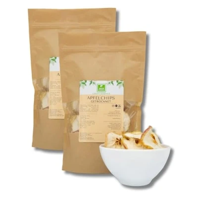 Abbildung von Apfel Chips 500g (2*250g)von der Grünen Essenz 100% natürliche Naturbelassen Ungezuckerte getrocknete Äpfel zum Backen Vegan Snack Apfelscheiben Trockenfrüchte ohne Zuckerzusatz (500 Gramm)