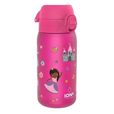 Abbildung von ION8 Kinder Trinkflasche, 350ml, Auslaufsicher, Einhandöffnung, Sichere Verriegelung, Spülmaschinenfest, BPA frei, Tragegriff, Klappdeckel, Leicht zu Reinigen, Klimaneutral, Prinzessin Design