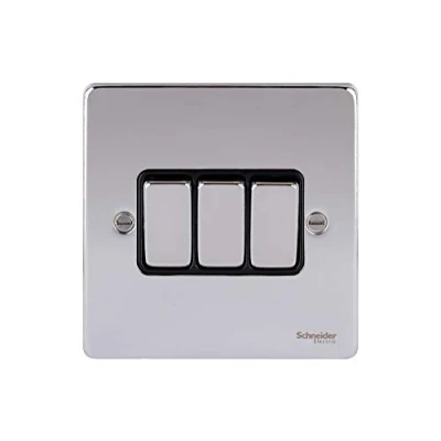 Abbildung von Schneider Electric Ultimate Low Profile GU1532BPC 3 Gang Wippschalter, 2 Wege Lichtschalter, 16AX, poliertes Chrom mit schwarzem Einsatz