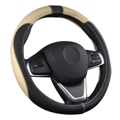 Abbildung von OFZVEO Auto Lenkrad Abdeckung Lenkradschutz Lenkradhülle PU Leder Universal 37 38cm / 15&quot; rutschfest Atmungsaktiv Langlebig (Beige)