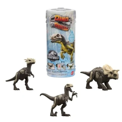 Abbildung von Mattel Jurassic World Dino Reveal Dinosaurierspielzeuge, Überraschung beim Auspacken &amp; warmes Wasser enthüllt gesamte Farbgebung, ca. 13 bis 18 cm, unterschiedliche Arten, JDC52
