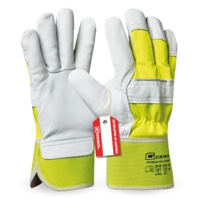 Abbildung von Gebol Worker Pro Thermo Größe XL (Gr 10) Leder Arbeitshandschuhe mit kälteisolierendem Futter Wasserabweisende Winterhandschuhe einfaches Aus &amp; Anziehen für Herren Gelb, Weiß 1 Paar