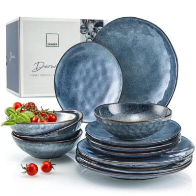 Abbildung von SÄNGER Tafelservice Darwin Geschirrset (12 tlg), 4 Personen, Steingut, Blau, Handmade, Premium Collection