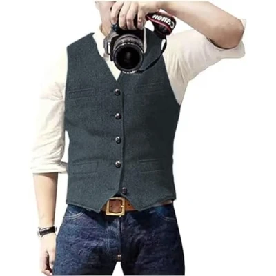 Abbildung von Solovedress Herren Casual Wolle Fischgrätmuster Anzug Weste V Ausschnitt Tweed für Hochzeit Groomsmen（Helle Marine，M
