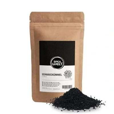 Abbildung von Spicy Welt Schwarzkümmel Ganz (250g) Ganze Schwarzkümmelsamen in Premium Qualität für Backen, Kochen, Salate &amp; Gewürzmischungen Aromatisch Vielseitig 100% Naturrein, Ohne Zusätze