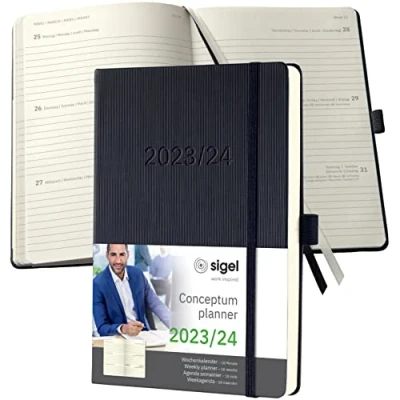 Abbildung von SIGEL C2401 Terminplaner Wochenkalender 2023/2024, ca. A5, schwarz, Hardcover, Gummiband, Stiftschlaufe, Archivtasche, PEFC zertifiziert, 18 Monatskalender, Conceptum