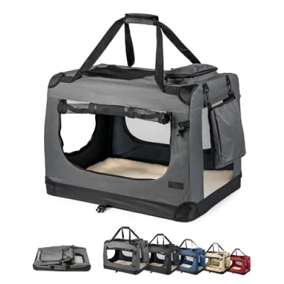 Abbildung von lionto Hundetransportbox faltbar für Reise &amp; Auto, 90x61x65 cm, stabile Transportbox mit Tragegriffen Decke Katzen Hunde bis 22 kg, robuste Hundebox aus Stoff klein groß, grau