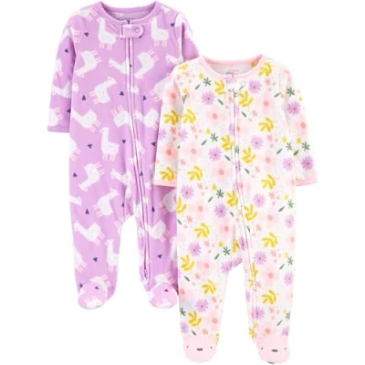 Abbildung von Simple Joys by Carter&#039;s Baby Mädchen Schlaf und Spielanzug aus Fleece mit Füßen, 2er Pack, Purpur Lama/Weiß Floral, Frühchen