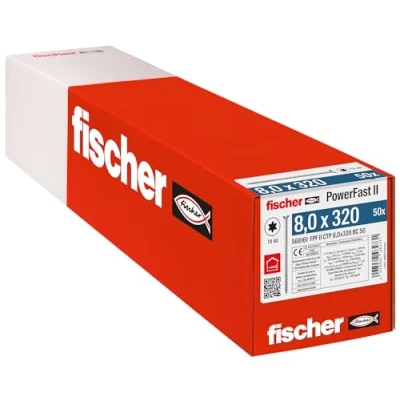 Abbildung von fischer PowerFast II CTP 8,0 x 320, kraftvolle Holzbauschraube mit Senkkopf, Innenstern Aufnahme und Teilgewinde, für den konstruktiven Holzbau, 50 Stk.