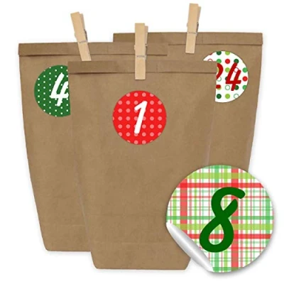 Abbildung von Papierdrachen Adventskalender zum Befüllen 24 Geschenktüten und Zahlenaufkleber Klammern Motiv Klassisch mit Muster Basteln Weihnachten Mini Set Nr 5