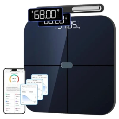 Abbildung von Healthkeep Personenwaage, Impedanzmesser, vernetzt, WLAN &amp; Bluetooth, mit 8 Elektroden, hohe Präzision, 46 Körperdaten, für App, inklusive Android und iOS, Kapazität 180 kg/400 lb, 30 x cm