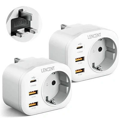 Abbildung von LENCENT 2X Reiseadapter Netzadapter UK Adapter England Deutschland Stecker, mit 2 USB QC3,0 + 1 Typ C PD Anschlüße, G Reisestecker Stromadapter für Großbritannien Irland Steckdose